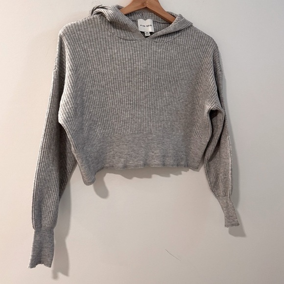 Pink Rose Sweaters - Ribbed Cropped Gray Hooded Sweater XSmall